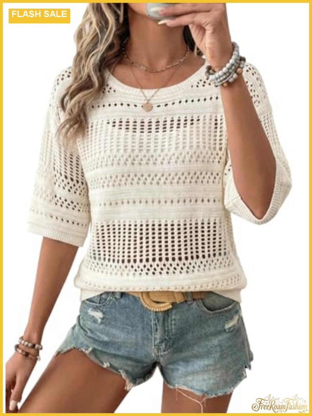 Womens Crochet Top Half Sleeve Hollow Out Knit Sweater Beach Coverup